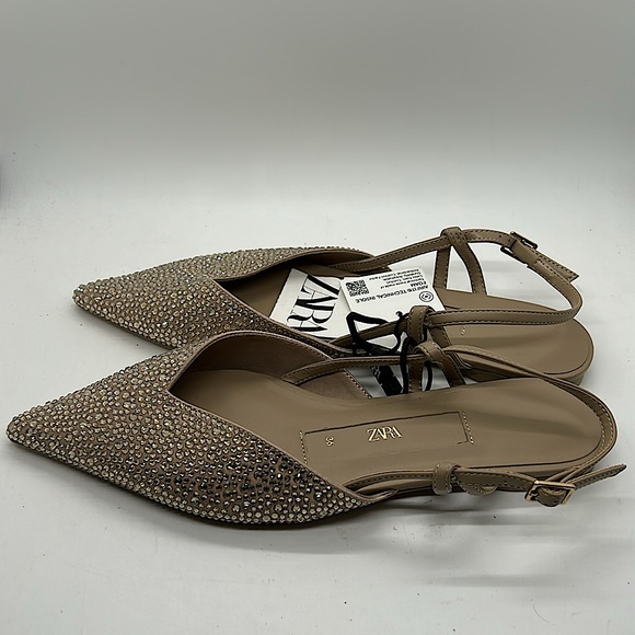 Zara NWT Tan Glittery Rhinestones Pointed Toe Flats Shoes **Size 36/US 6** 🌸🌸 - Picture 4 of 6